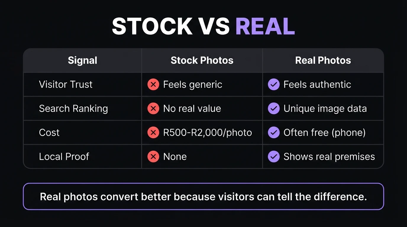 Comparison table showing stock photos versus real photos across visitor trust, search ranking, cost, and local proof